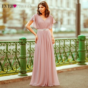 Платье женское вечернее длинное из шифона, элегантное ТРАПЕЦИЕВИДНОЕ розовое с V-образным вырезом и коротким рукавом, с поясом, с бусинами, EZ07717