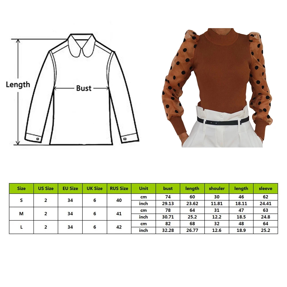 2019 Повседневный сетчатый свитер в горошек с пышными рукавами прозрачный вязаный