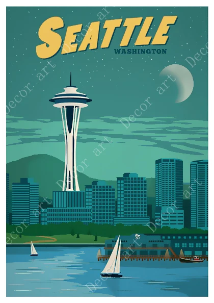 Дорожная холщовая картина из США Сиэтл Вашингтон винтажные настенные крафт