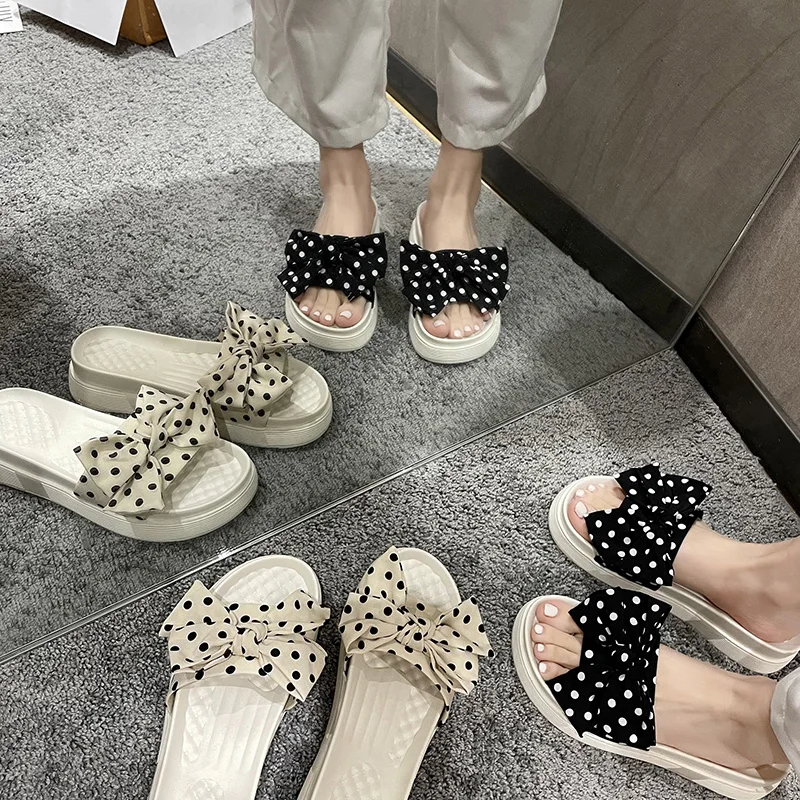 

Flat Shoes Female Slippers Casual Butterfly-Knot Platform Med Slides Summer Clogs Woman Pantofle Luxury Beach 2021 Cotton Fabric