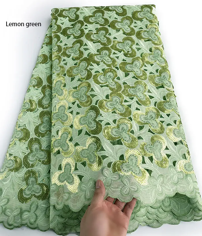 lemon green 5 ярдов блестящая африканская ручная работа органза кружевная ткань красивая нигерийская Гана швейная одежда много блесток Высокое качество горячая распродажа - Цвет: lemon green