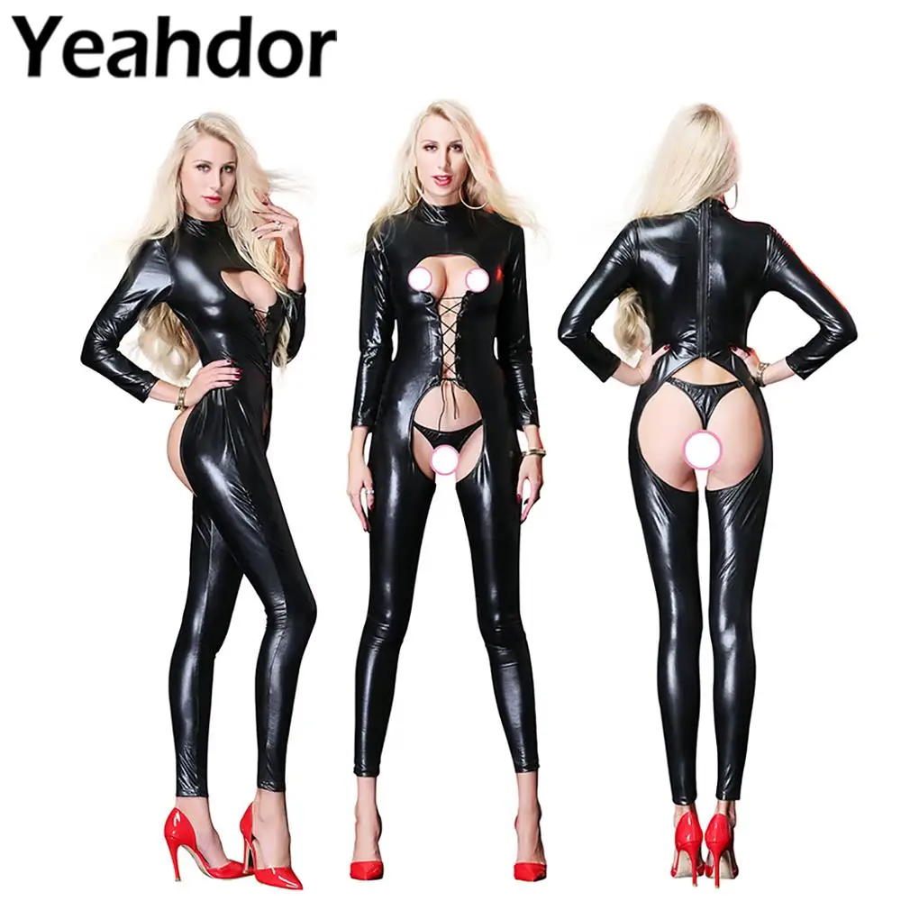 

Sexy Women Wet Look Faux Leather Bodysuit Set Long Sleeve Crotchless Catsuit Slim Fit Jumpsuit Leotard Clubwear with G-string