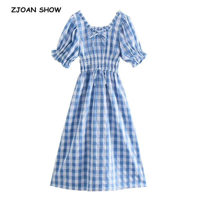 

Vintage French Blue White Plaid Wood ear O neck Puff Sleeve Swing Dress Women Bow Slim Elastic Waist Midi Vestido Holiday Robe
