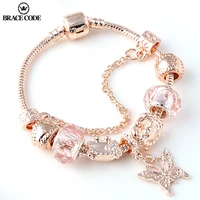 brace code rose golden butterfly charm bracelet with an crown beads fits fine bracelet women party jewelry dropshipping