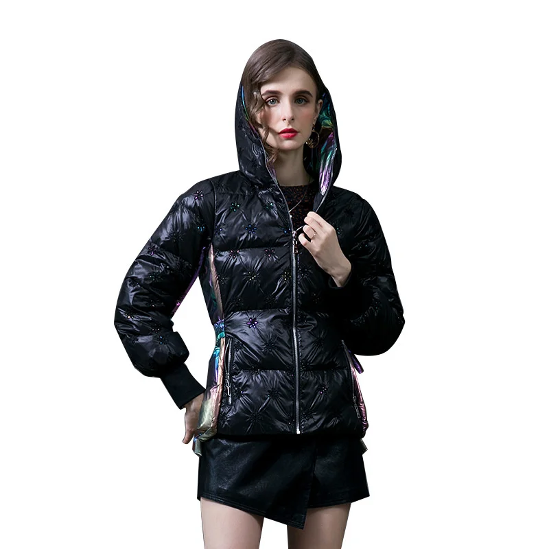 

2021 Winter new arrival creative embroidery design down coat hooded bright face stitched down jacket hooded women winter 36008