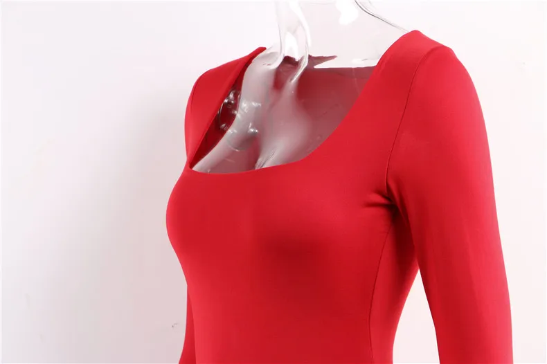 Forefair Long Sleeve Sexy Bodycon Dress Women Club Autumn Basic Solid Square Neck White Red Black Woman Mini Dress Winter