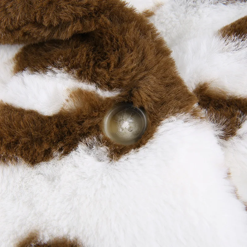 

2020 Winter New Fashion Women Cow Pattern Rabbit Fur Suit Collar Woolen Warm Jacket Winter Coat