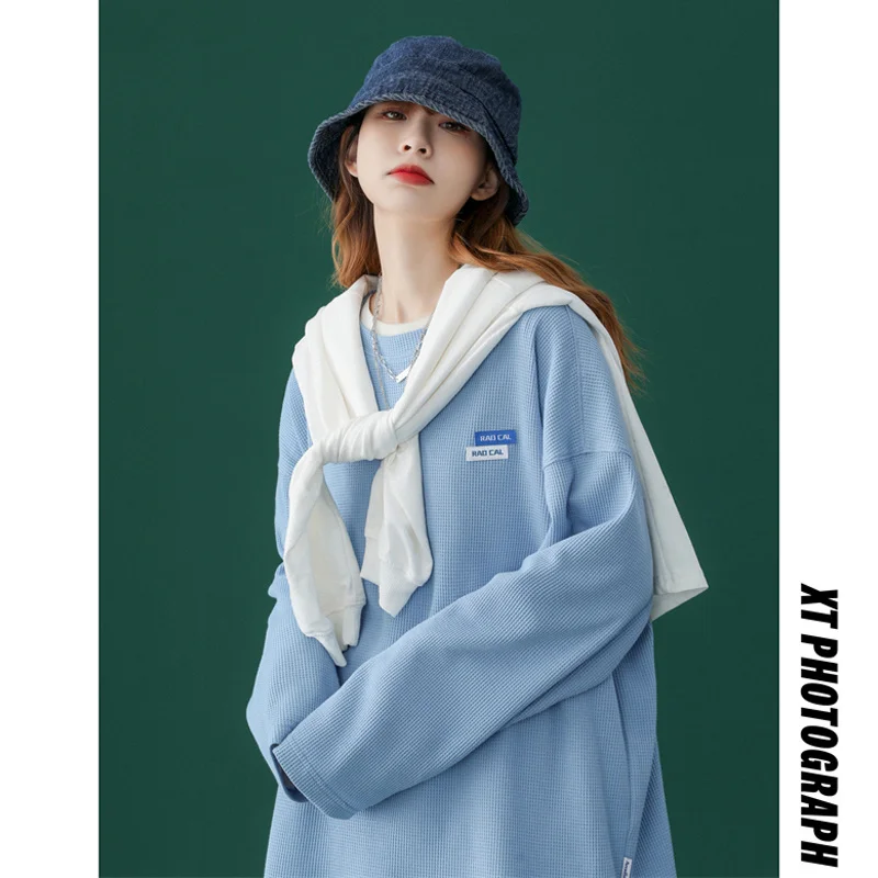 Вафельная футболка с длинным рукавом женская Свободная майка в Корейском стиле