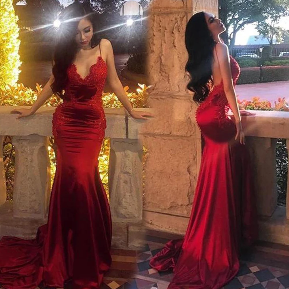 

Backless Mermaid Evening Dresses Long Luxury 2021 New Spaghetti Straps Burgundy Elegant V-Neck Pown Gown Beading robes de soire