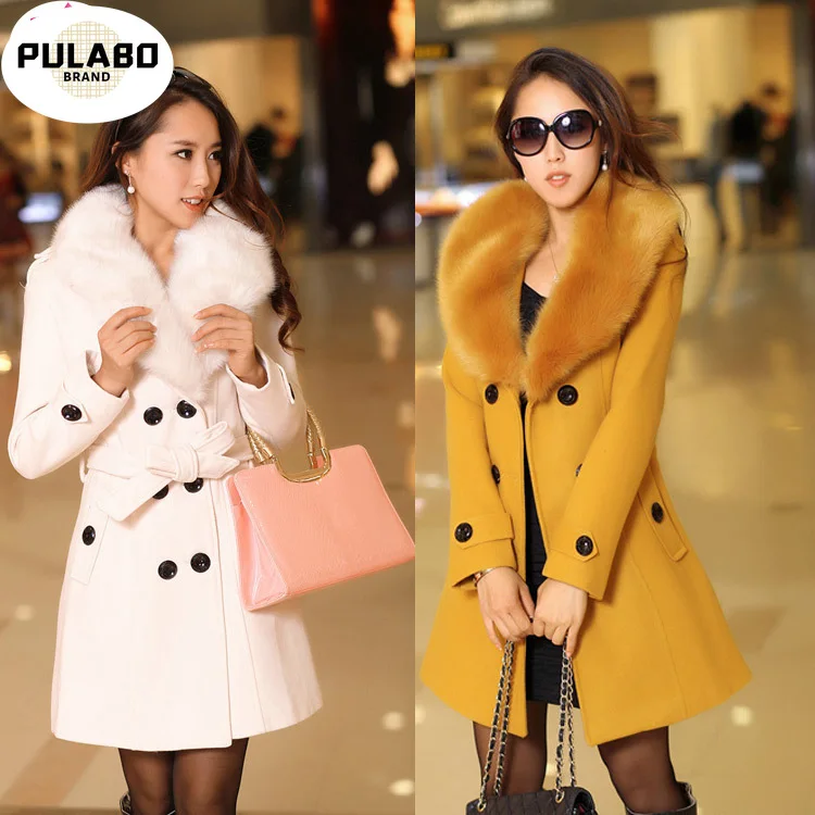 

Plus Size Winter Fur Collar Wool Coats Pocket Bodycon Korean Style Fashion Ladies Elegant Coat 5xl