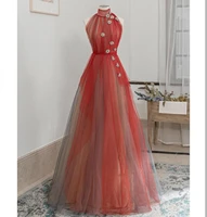 evening dress 2021 charming high neck hand made flowers floor length tulle sleeveless women party gown colorful prom graceful