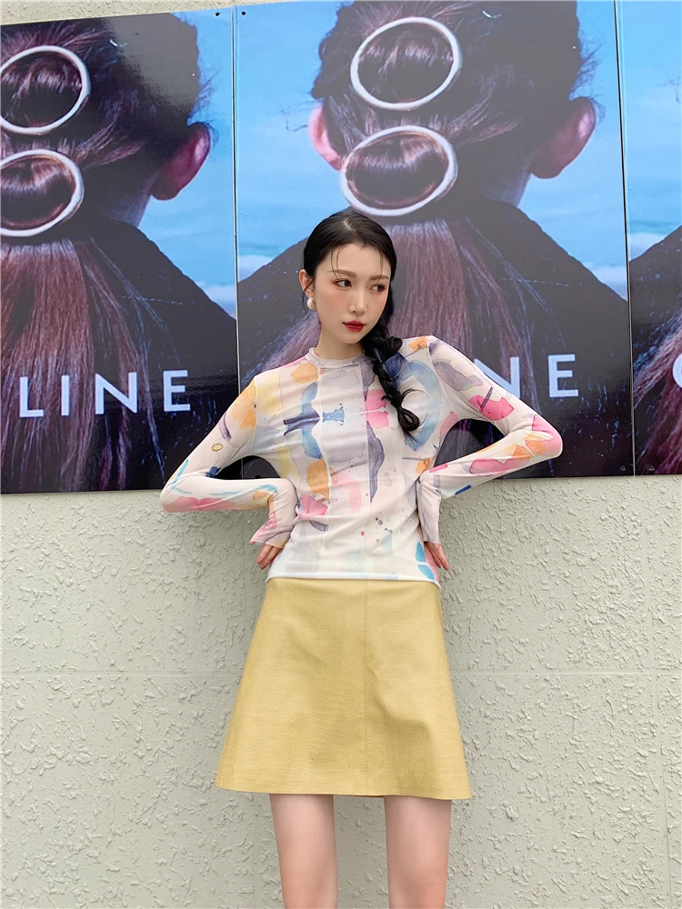 

Kimotimo Fashion Print Mesh Tops Women Summer O Neck Long Sleeve Slim Transparent Basic Lady T Shirt Ins All-match Graphic Tees