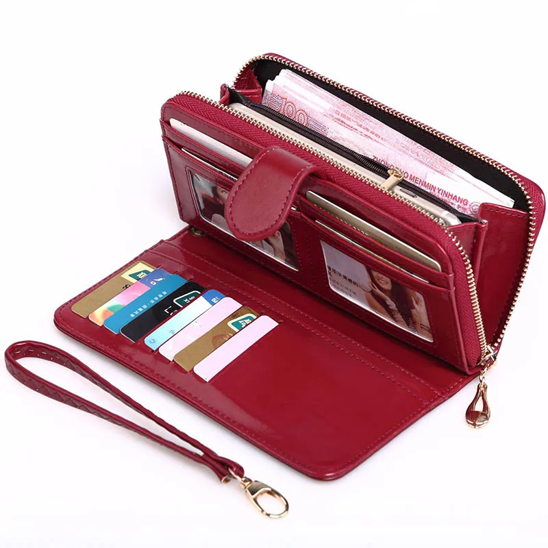

2021 New Women Oil Wax Leather Wallet Female Purses Big Capacity Hasp Zipper Purse Ladies Long Wristlet Clutch Coin Card Holders