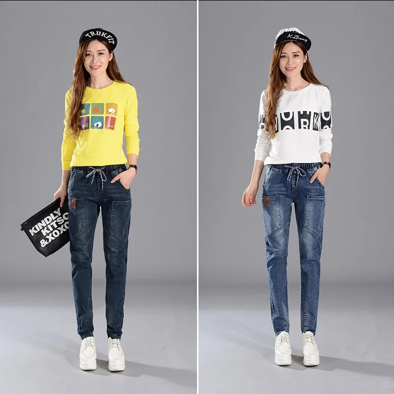 

Fashion New Loose Fit Womens Full Length Denim Pants Streetwear Korean Pockets Drawstring Waist Female Harem Trousers Plus Size