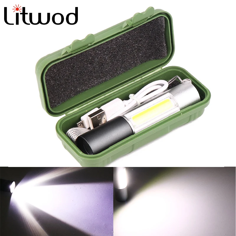 Перезаряжаемый USB мини светодиодный фонарик супер яркий 3 режима COB + XPE T6 фонарь