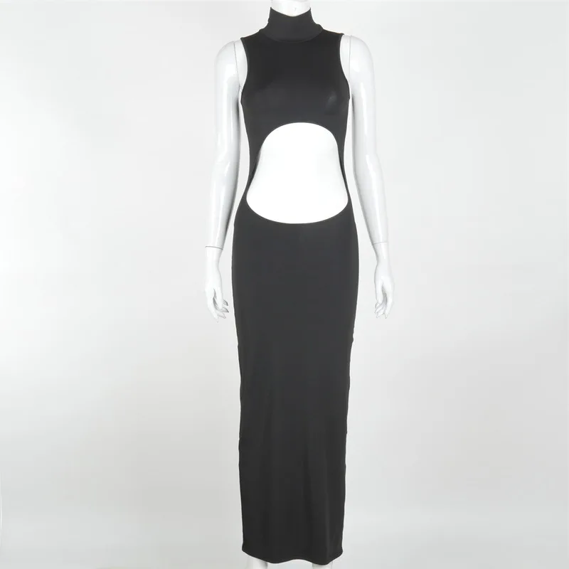 

DSMTRC 2021 Sleeveless Solid Hollow Out Turtleneck Maxi Dress Summer Women Fashion Sexy Party Club Clothings