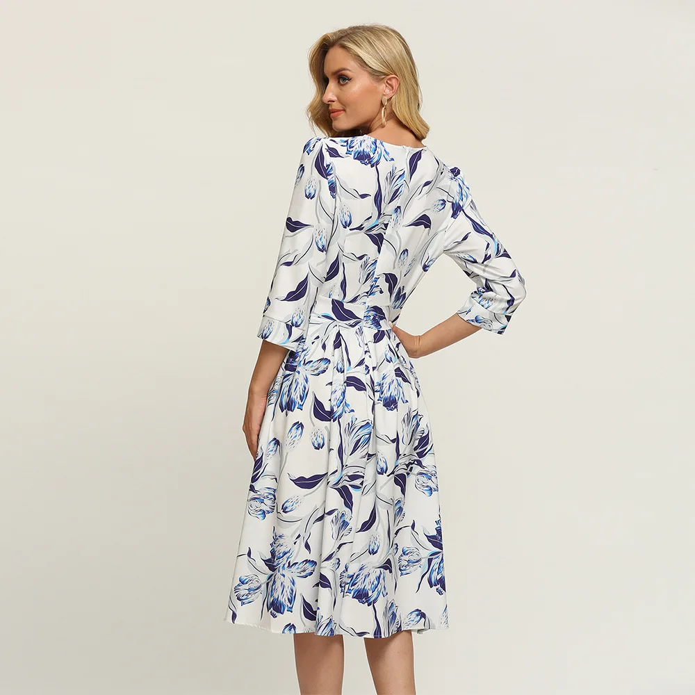 

Women Casual Printing Summer Dress Elegant O-Neck A-Line Dress 2021 Bohemian Printed Women Midi Vestidos Dresses B549