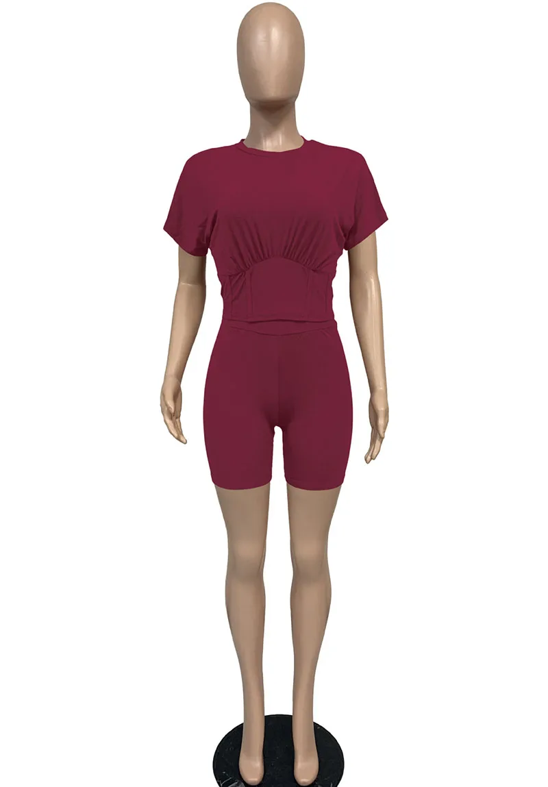 

Bonnie Forest Summer Women Short Sleeve O Neck Crop Top+Biker Shorts Set Two Piece Outfits Matching Set Sporty Suits Active Wear