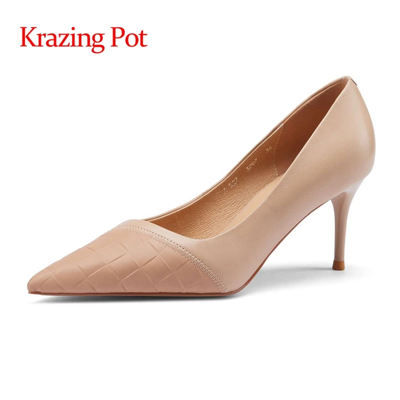 

Krazing Pot genuine leather pointed toe thin high heels concise style beauty lady dance party shallow slip on women pumps L97