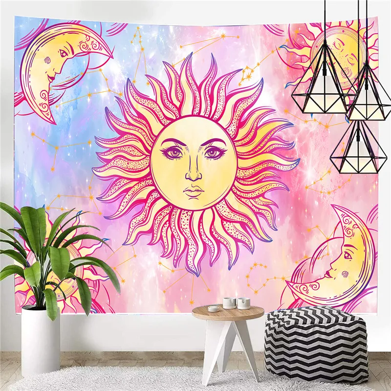 

Wall Hanging Celestial Wall Tapestry Hippie Wall Carpets Dorm Decor Pink Sun Moon Mandala Tapestry