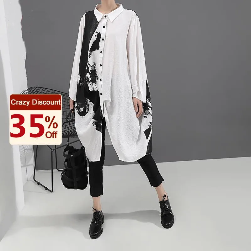 

Korean Style Woman Long Sleeve White Print Shirt Dress Painting Plus Size Straight Girls Casual Midi Dress Loose Robe Femme