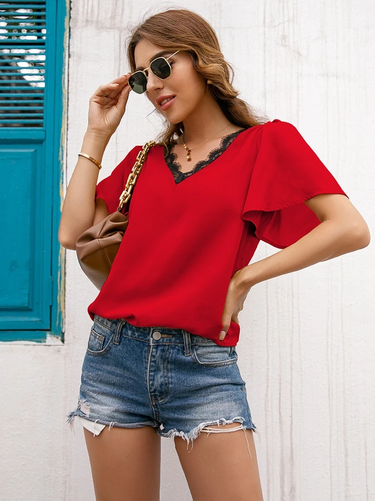 

Summer Top Elegant 2021 Blouses Women Casual Short Sleeve V Neck Lace Patchwork Shirt Female Clothing Loose Fashion Blusas Mujer