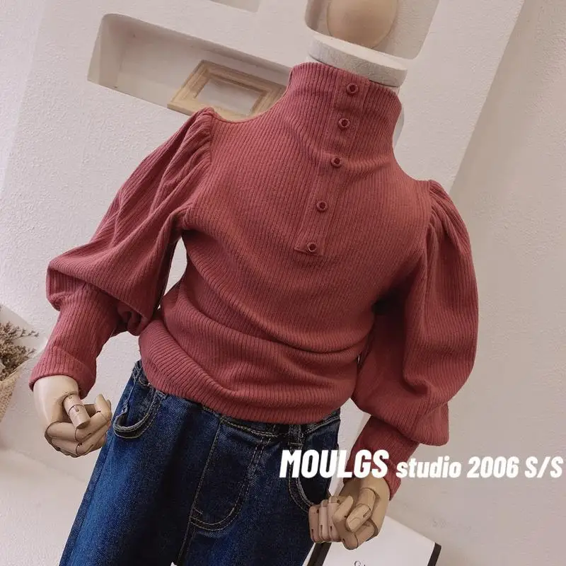 

Girls Baby High-neck Bottoming Shirt Autumn and Winter New Children's Puff Sleeve Long-sleeved T-shirt One-breasted Girl Blouse