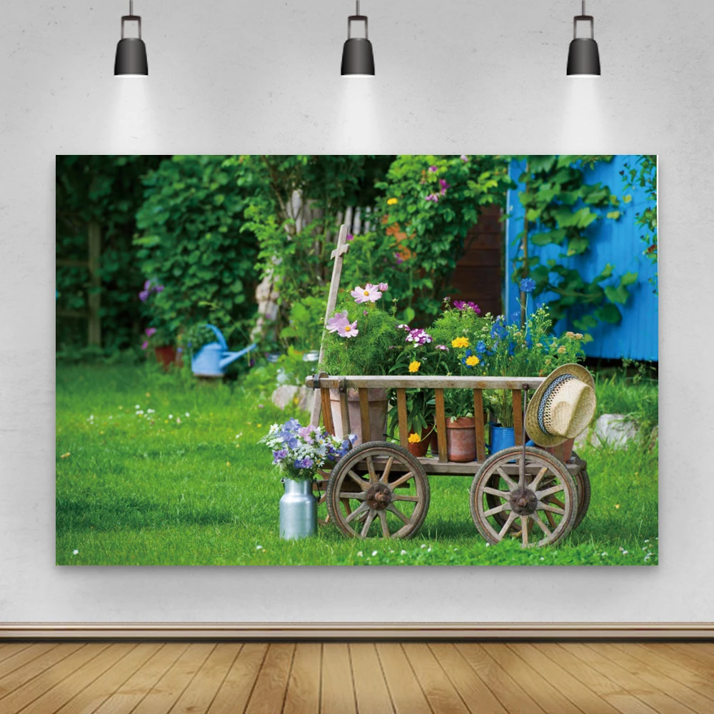 

Laeacco Garden Photography Backdrops For Room Decro Park Green Plants Watering Can Hat Photography Backgrounds For Photozone