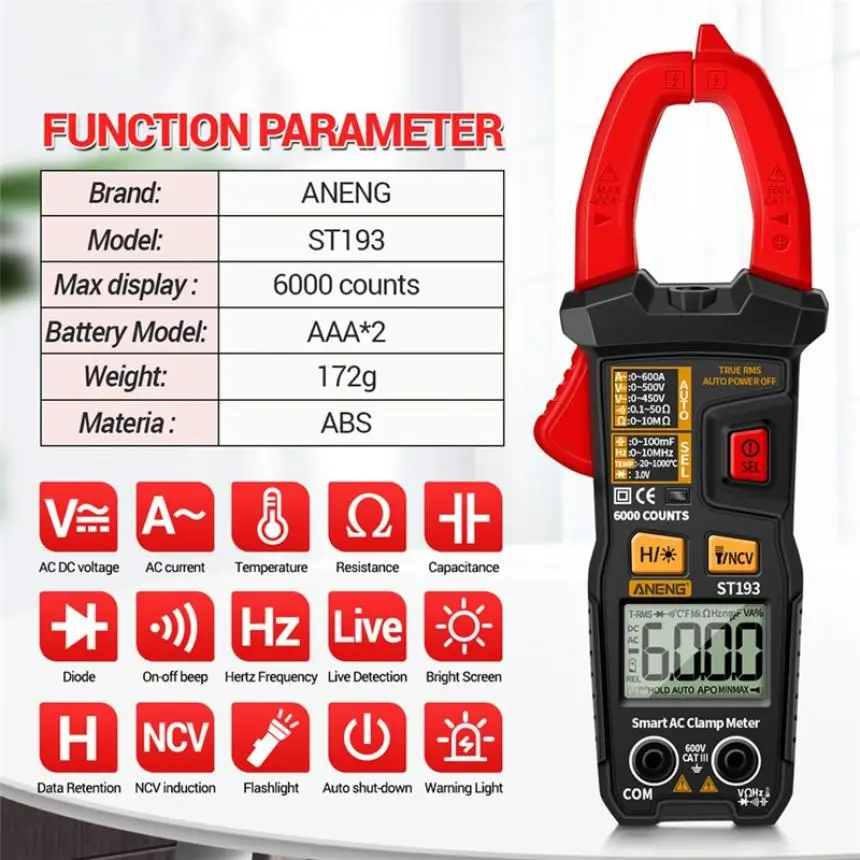 

Aneng ST193 Electrician Digital Multimeter Current Pliers Meter Dc Ac Ammeter Voltage Voltmeter Ohmmeter Resistance Ohm Tester