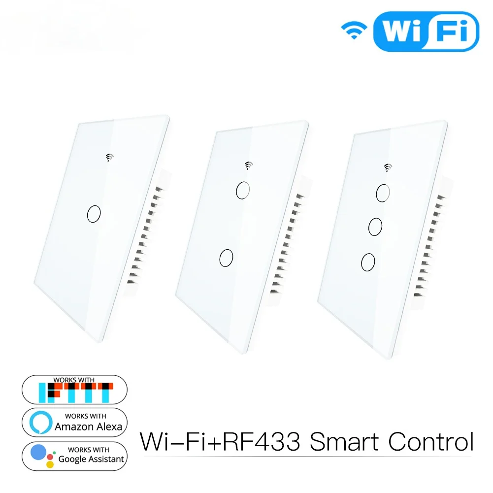 

WiFi Smart Wall Light Switch Glass Panel RF433&Wi-Fi Smart Life Tuya APP Remote Control Works With Alexa Google Home 1/2/3 Gang