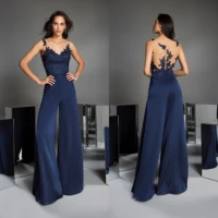 navy blue jumpsuits prom dresses sleeveless pants suit v neck lace appliqued women wedding guest formal party evening gowns 2021