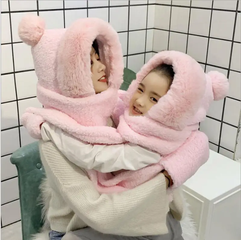 

MOM AND ME Winter Warm Women Hoodie Gloves Pocket Earflap Hat Long Scarf Shawl Snood Wraps Women Winter Gloves Hat Scarf