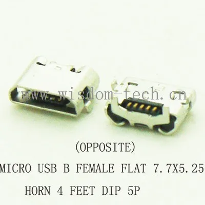 

Разъем мама B типа 1000 шт./лот Micro USB 7,7x5,25, 4 фута DIP 5P, плоский (OPPOISITE)