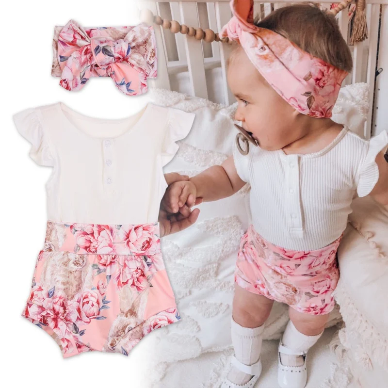 

2019 Cute Floral Romper 2pcs Baby Girls Clothes Jumpsuit Romper + Headband 0-24M Age Infant Toddler Newborn Outfits Set Hot Sale