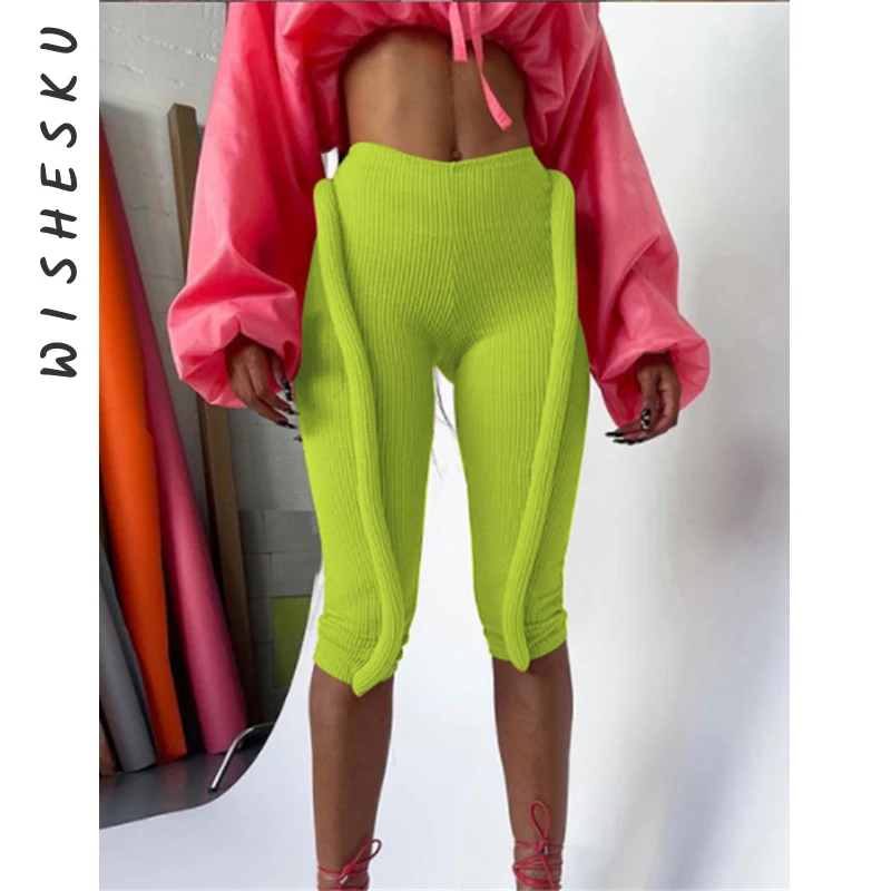 

3D Decoration Sexy Pencil Pants Ribbed Pink Trendy Clothes for Women Cropped Slim Trousers Fall 2021 Casual Streetwear
