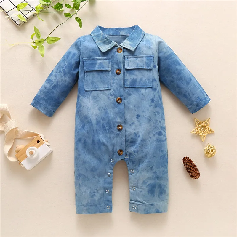 

Baby Autumn Bodysuit Denim Lapel Long-Sleeves Button Open clothing with Pockets for Toddlers baby Girls Boys casual outfits