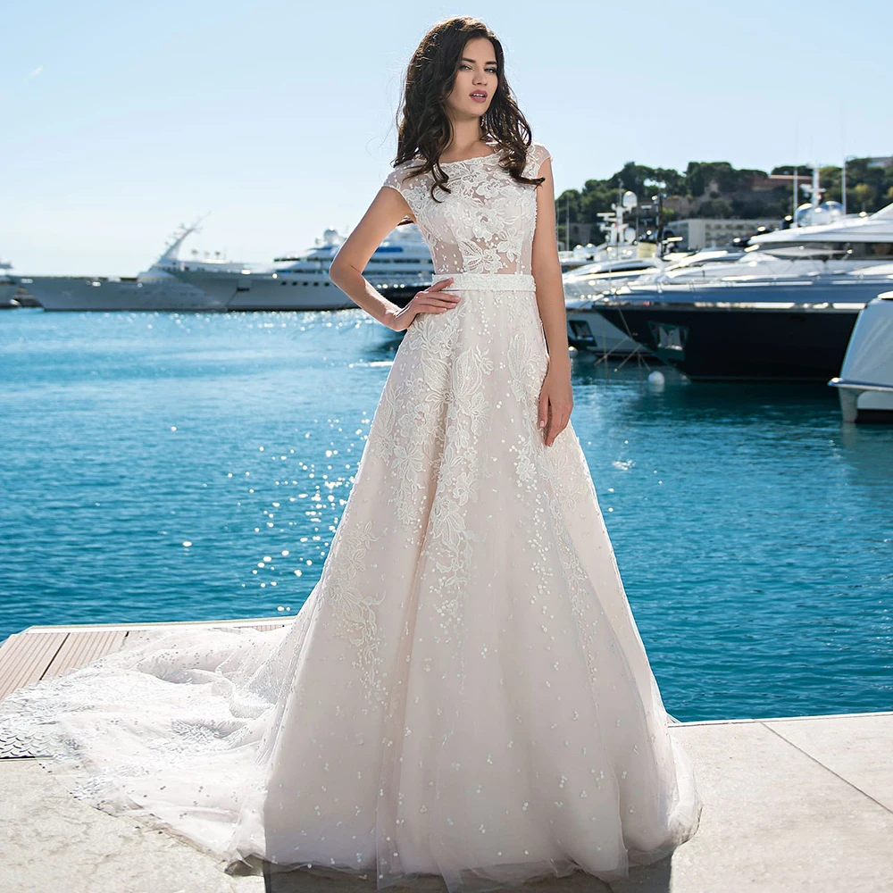 

Summer Sleeveless Brush Train Wedding Dresses for Woman A-Line Button Floor-Length 2021 Sale Boat Neck With Jersey Hot Factory