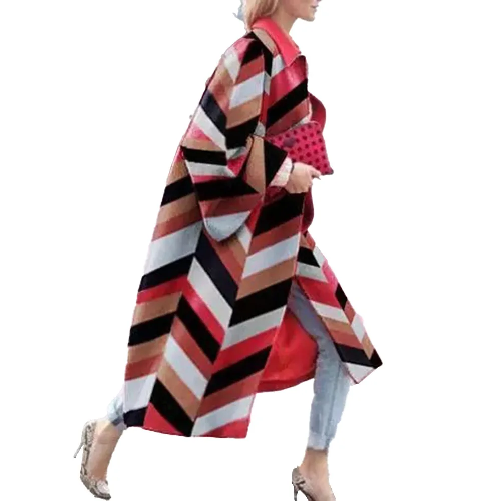 

Women Geometric Long Coats Jacket 2021 New Fashion 5XL Causal Vintage Outwear Female Lapel Collar Long Sleeve Overcoat Plus Size