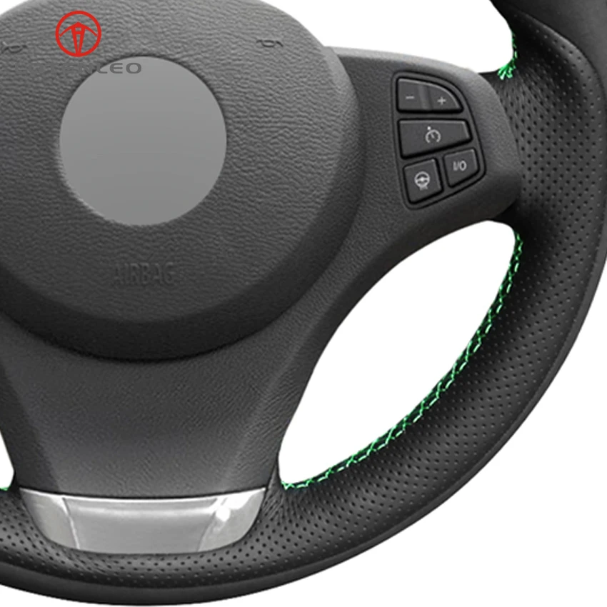 

LQTENLEO Black Genuine Leather Black Suede DIY Hand-stitched Car Steering Wheel Cover for BMW E83 X3 2003-2010 E53 X5 2000-2006