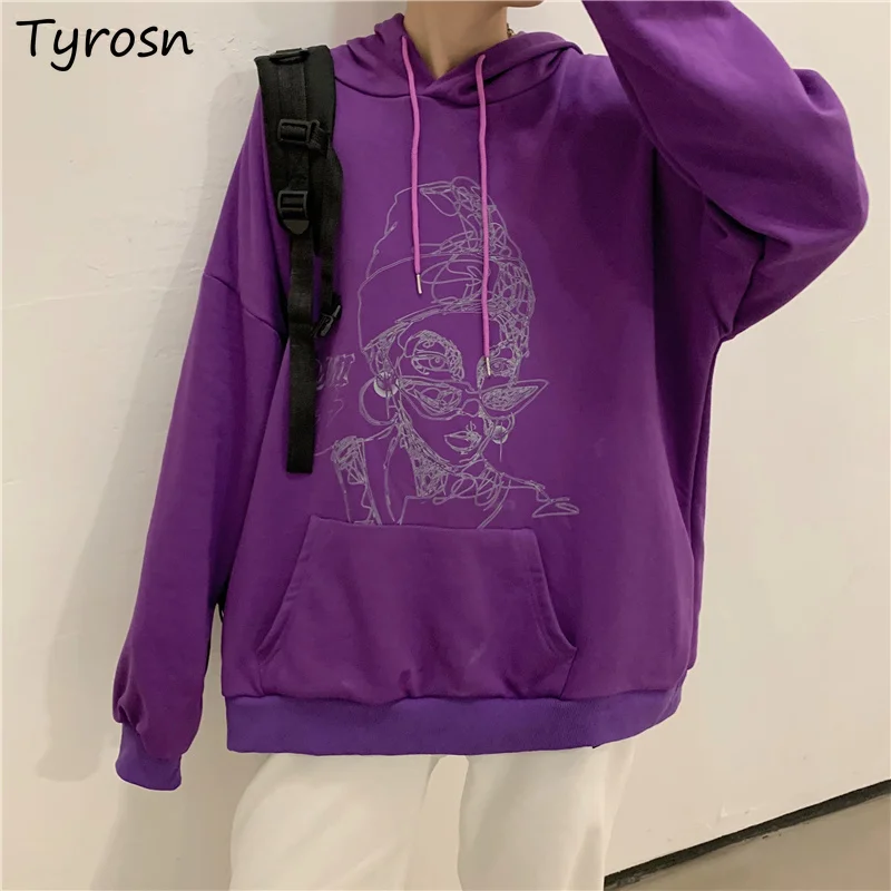 

With Hat Hoodies Women Front Pocket Design Print Sweatshirts Vintage Streetwear Hong Kong Style Baggy Retro Long Sleeve Top Teen
