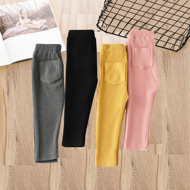 

Baby Girls leggings Spring Autumn Cotton Big PP Pants Vertical Stripe Pocket Casual Pant 1-7Y Fashion High Waist Long Trousers