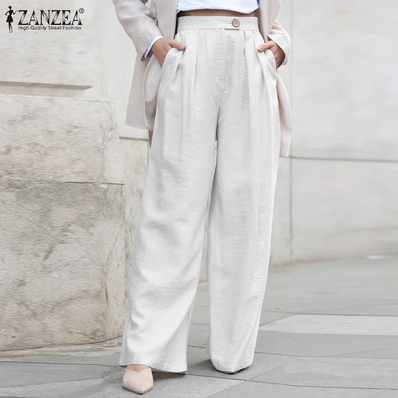 

2022 ZANZEA Elegant OL Ladies Pants Women Autumn Trousers Casual High Waist Solid Wide Leg Palazzo Loose Long Pantalon Turnip