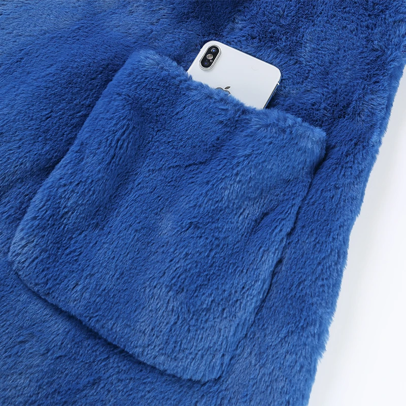 

Nerazzurri Winter long warm soft faux fur coat women with detachable fox fur collar and cuffs sashes Blue black skirted overcoat