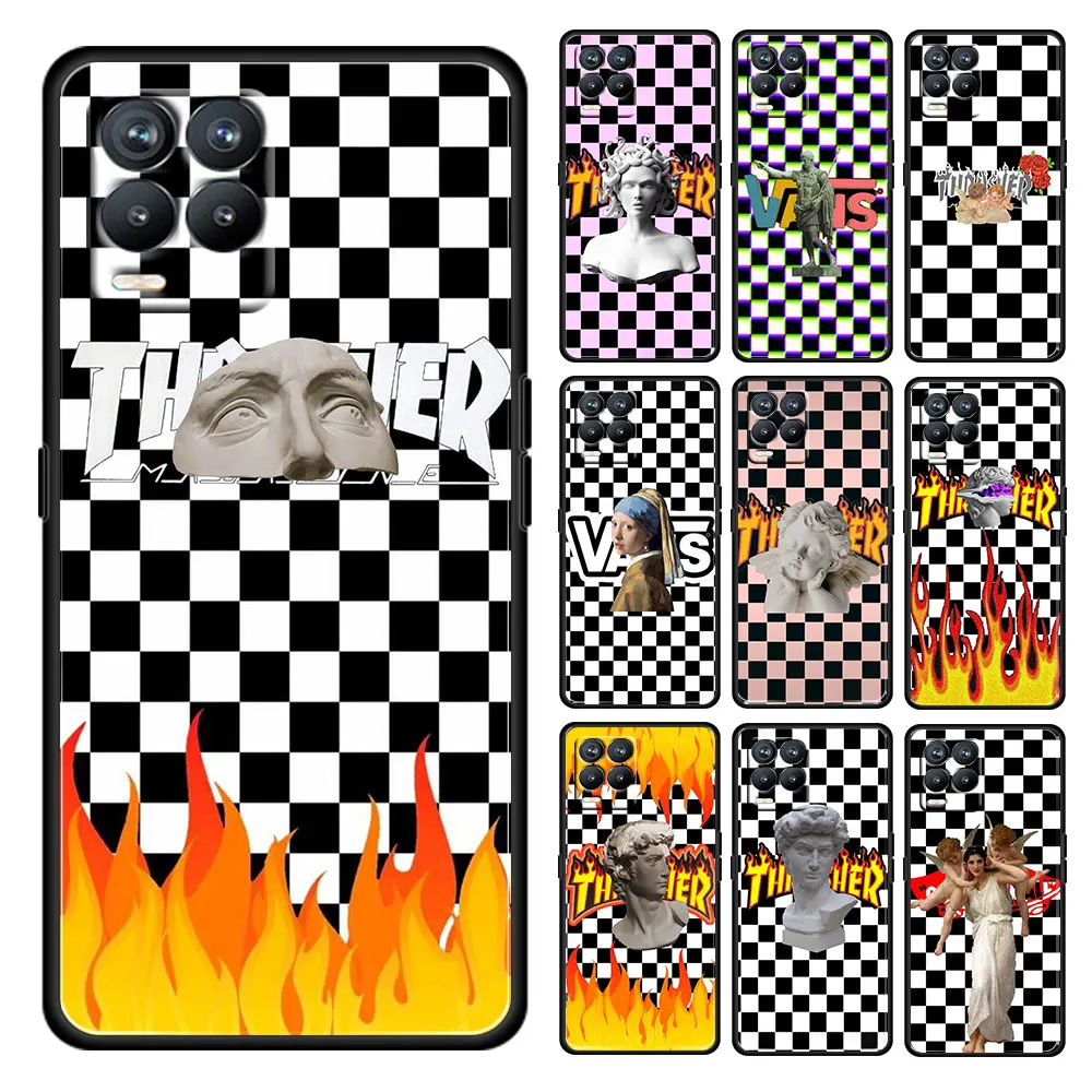 

Japan Korean Checkerboard Soft Shockproof Black Phone Case For OPPO Realme Narzo 30 50 8 7 Pro 8i 6 5 3 2 Global 5G Coque