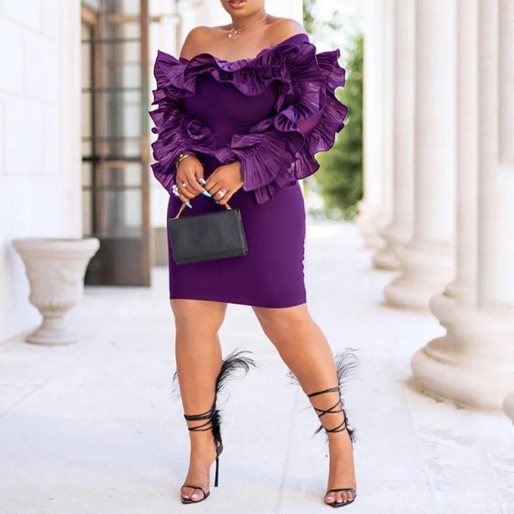 Purple Elegant Cocktail Dress Off The Shoulder Short Mini African Long Sleeves Wedding Party Formal Dress For Black Girls