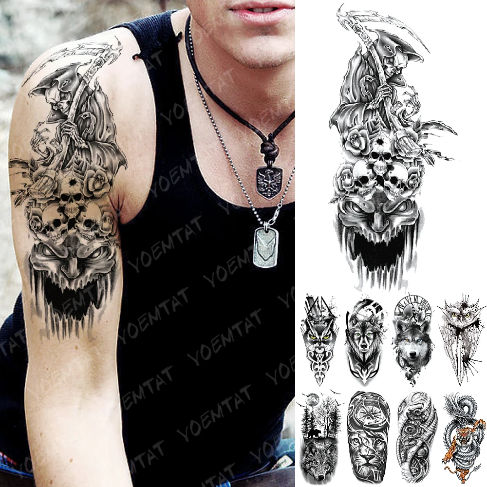 

Waterproof Temporary Tattoo Sticker Skull Grim Reaper Hell Flash Tattoos Lion Compass Body Art Arm Fake Tatoo Women Men