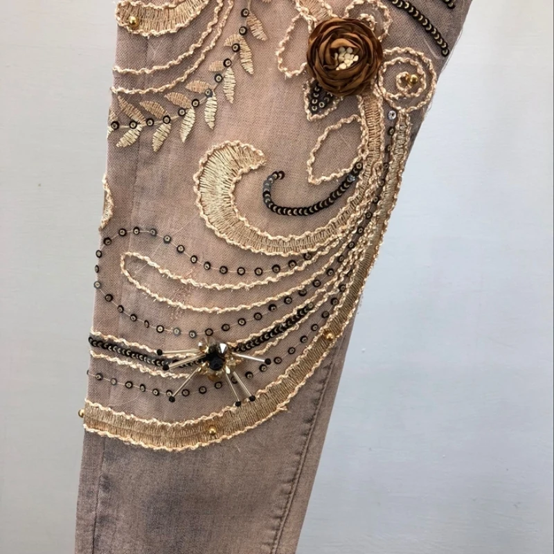 Женские штаны в стиле пэчворк с 3D цветами и блестками-карандаш стрейч из денима