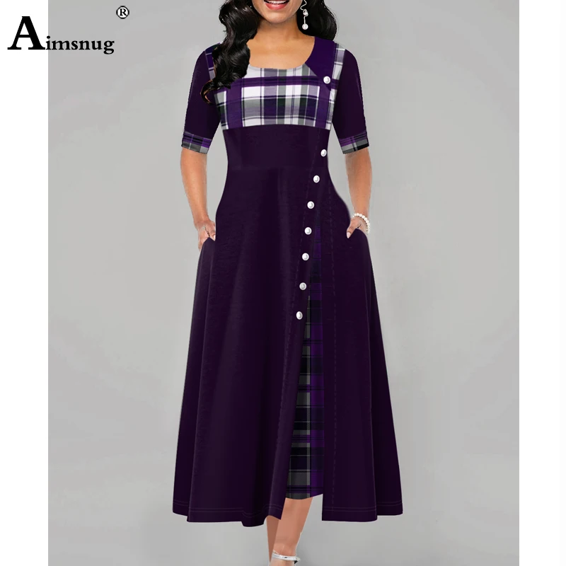 Plus Size 4XL 5XL Women's Elegant Long Plaid Print Party Dresses - Irregular Ladies Vintage Button Dress with Patchwork A-Line image 2