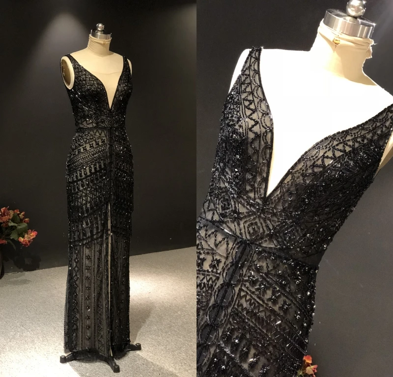 

Женское вечернее платье до пола, черное платье с глубоким V-образным вырезом, без рукавов, расшитое крупными бусинами, на заказ, 2021