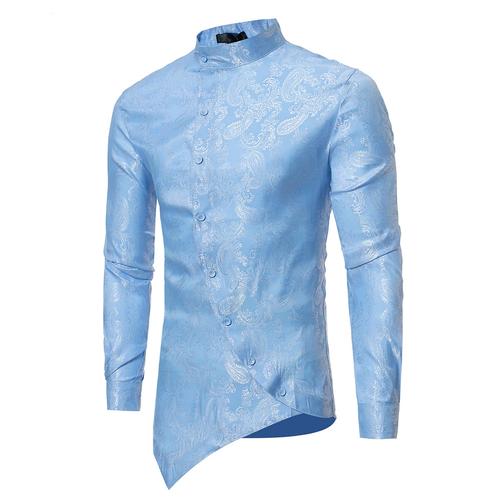 Men's Vintage Blouse Floral Print Irregular Shirt Tops Long Sleeve Casual Handsome Men Shirt